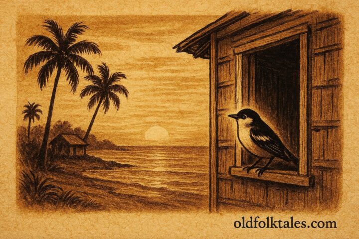 Parchment-style artwork of the Grigri bird warning a Garifuna villager, Belize folktale.