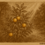 alt text Sepia-toned illustration on aged parchment showing a leafy guavira shrub in a sunlit Paraguayan forest clearing. Several ripe, round fruits glow in shades of yellow and orange among dense green foliage. Sunlight filters through the surrounding trees, casting warm rays and shadows across the forest floor. “OldFolktales.com” is inscribed in the bottom right corner.