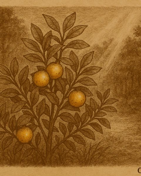 alt text Sepia-toned illustration on aged parchment showing a leafy guavira shrub in a sunlit Paraguayan forest clearing. Several ripe, round fruits glow in shades of yellow and orange among dense green foliage. Sunlight filters through the surrounding trees, casting warm rays and shadows across the forest floor. “OldFolktales.com” is inscribed in the bottom right corner.