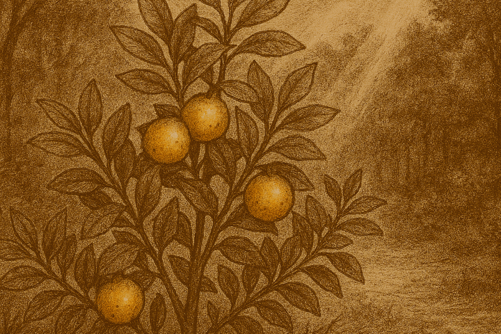alt text Sepia-toned illustration on aged parchment showing a leafy guavira shrub in a sunlit Paraguayan forest clearing. Several ripe, round fruits glow in shades of yellow and orange among dense green foliage. Sunlight filters through the surrounding trees, casting warm rays and shadows across the forest floor. “OldFolktales.com” is inscribed in the bottom right corner.