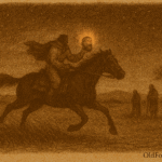 Alt text: Sepia-toned illustration on aged parchment showing a headless gaucho riding a black horse at full speed across the open pampas of Uruguay at night. The gaucho holds his severed head in one hand, its eyes glowing with supernatural fire. Tall grass bends beneath the horse’s pounding hooves, and cold stars stretch across the vast, empty sky. "OldFolktales.com" is inscribed at the bottom right.