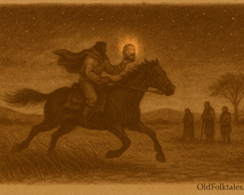Alt text: Sepia-toned illustration on aged parchment showing a headless gaucho riding a black horse at full speed across the open pampas of Uruguay at night. The gaucho holds his severed head in one hand, its eyes glowing with supernatural fire. Tall grass bends beneath the horse’s pounding hooves, and cold stars stretch across the vast, empty sky. "OldFolktales.com" is inscribed at the bottom right.