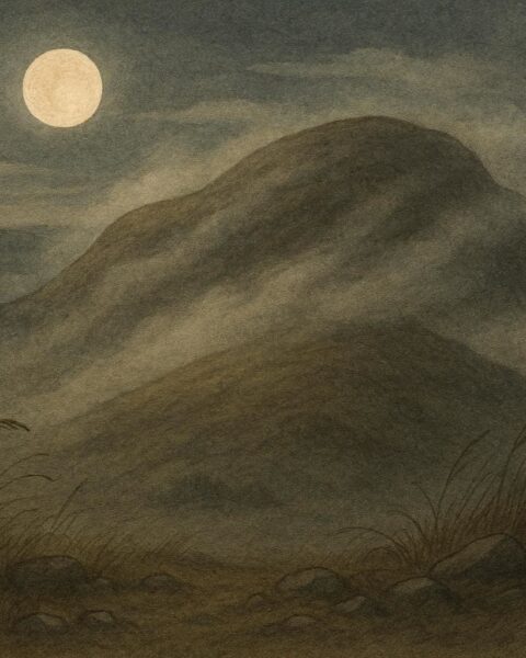 A sacred hill shifting under moonlight, Mapuche folklore from southern Chile and Argentina.