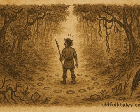 Parchment-style artwork of lost hunter among forest tracks, Amazonian folktale.