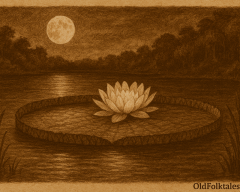 alt text Sepia-toned illustration on aged parchment showing a tranquil Paraguayan river at night. A giant water lily floats on the still water, its massive round leaf perfectly mirroring the full moon above. At the center, a large white blossom glows softly in the moonlight. Forest shadows line the distant shore, adding depth and mystery. “OldFolktales.com” is inscribed in the bottom right corner.