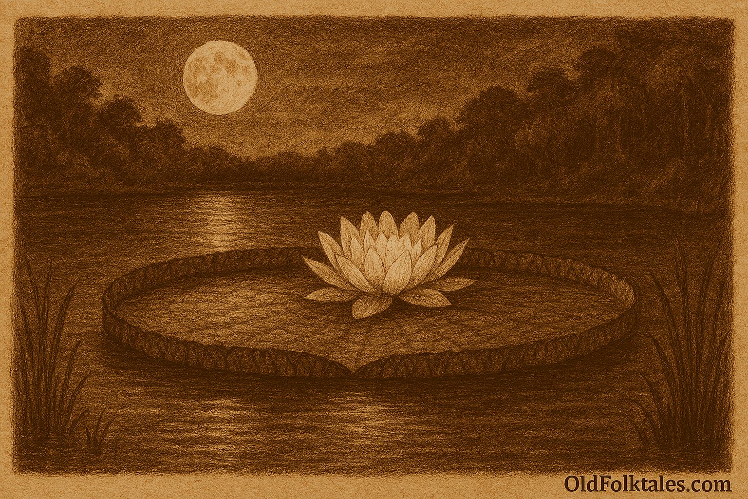 alt text Sepia-toned illustration on aged parchment showing a tranquil Paraguayan river at night. A giant water lily floats on the still water, its massive round leaf perfectly mirroring the full moon above. At the center, a large white blossom glows softly in the moonlight. Forest shadows line the distant shore, adding depth and mystery. “OldFolktales.com” is inscribed in the bottom right corner.