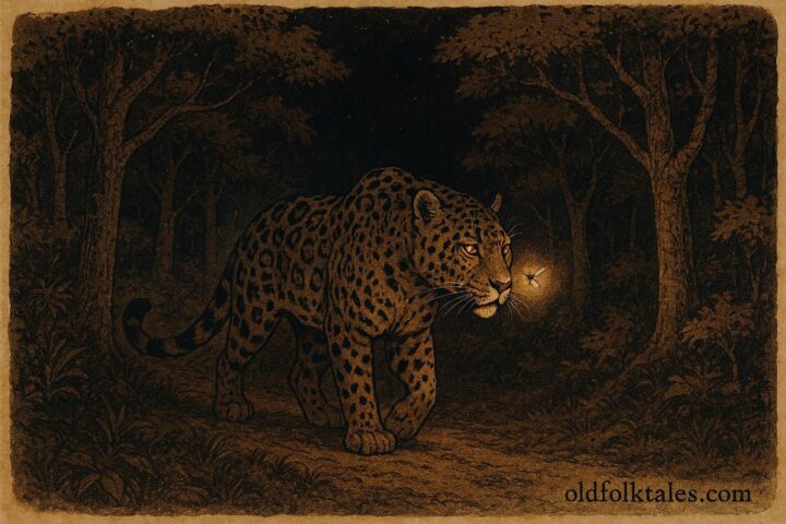 Parchment-style illustration of a jaguar facing a glowing firefly, Southern Amazon folktale.
