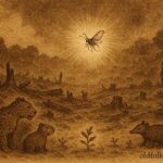 Parchment-style artwork of a glowing firefly inspiring forest renewal, Amazonian folktale scene.