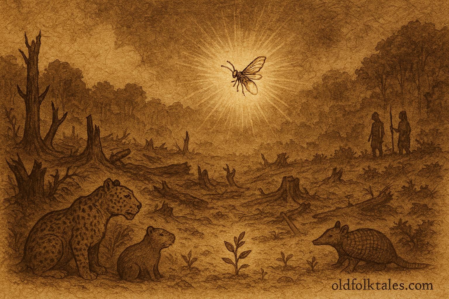 Parchment-style artwork of a glowing firefly inspiring forest renewal, Amazonian folktale scene.