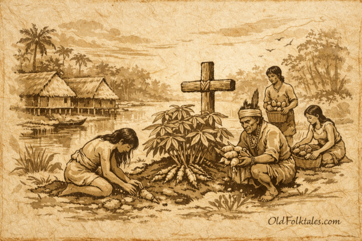 Parchment-style illustration of manioc growing from a grave, Brazilian Amazon folktale.