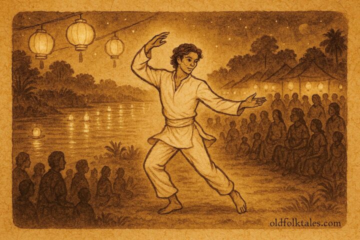 Parchment-style artwork of the Boto dancing at a river festival, Brazilian Amazon folktale.