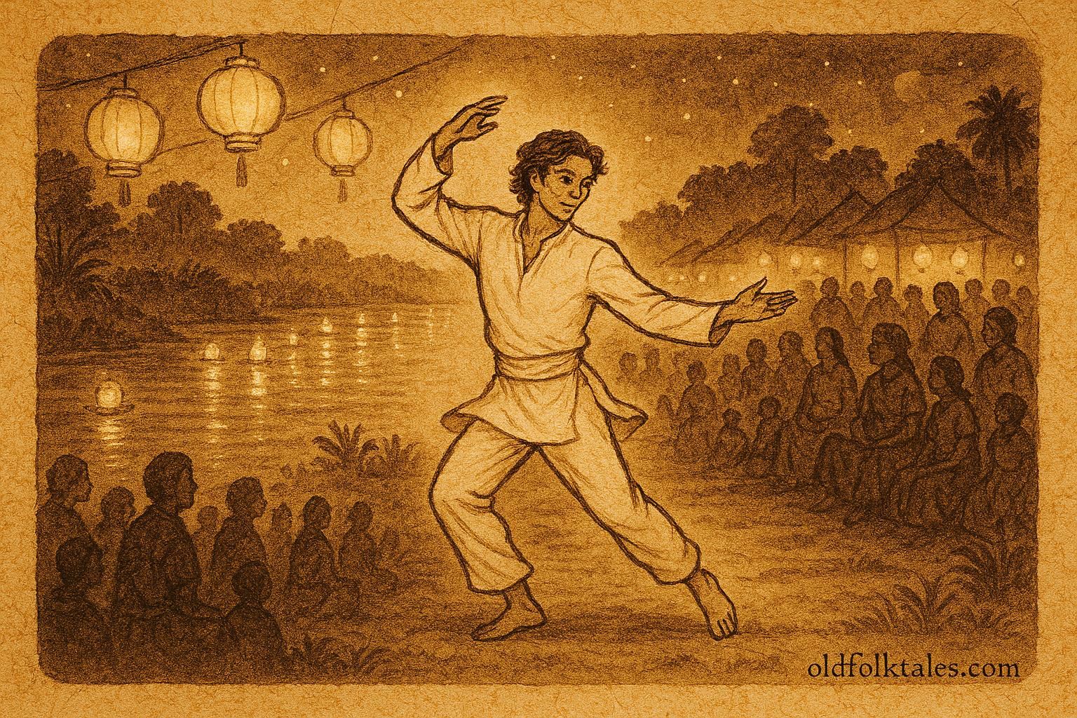 Parchment-style artwork of the Boto dancing at a river festival, Brazilian Amazon folktale.