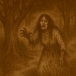 Sepia-toned illustration on aged parchment showing a ghostly woman with long black hair and bloodstained clothing emerging from dense Paraguayan forest trees at night. Her face is twisted with grief and madness as she reaches forward through the darkness. Mist coils around the roots of the gnarled trees, and shadows swallow the winding path behind her. “OldFolktales.com” is inscribed in the bottom right corner.