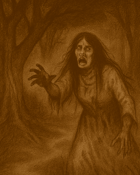Sepia-toned illustration on aged parchment showing a ghostly woman with long black hair and bloodstained clothing emerging from dense Paraguayan forest trees at night. Her face is twisted with grief and madness as she reaches forward through the darkness. Mist coils around the roots of the gnarled trees, and shadows swallow the winding path behind her. “OldFolktales.com” is inscribed in the bottom right corner.