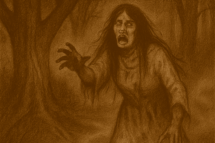 Sepia-toned illustration on aged parchment showing a ghostly woman with long black hair and bloodstained clothing emerging from dense Paraguayan forest trees at night. Her face is twisted with grief and madness as she reaches forward through the darkness. Mist coils around the roots of the gnarled trees, and shadows swallow the winding path behind her. “OldFolktales.com” is inscribed in the bottom right corner.