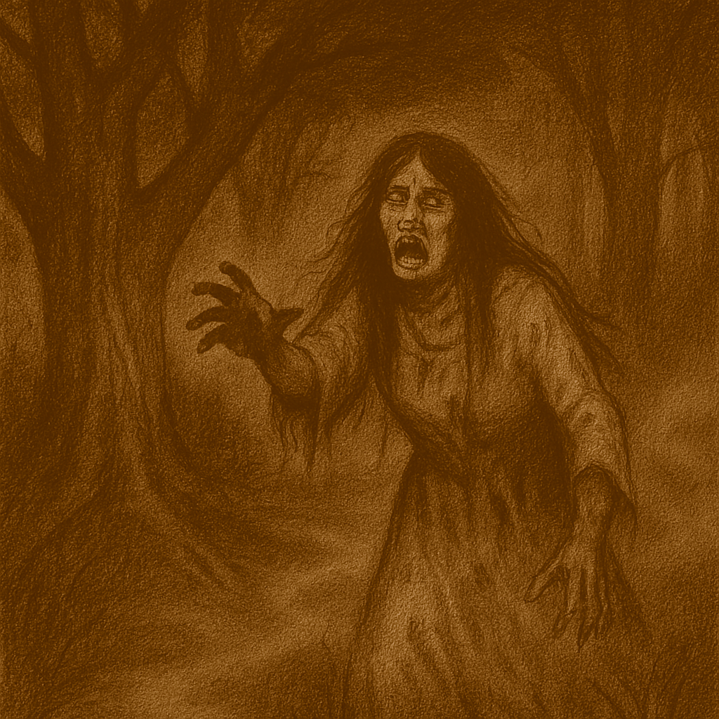 Sepia-toned illustration on aged parchment showing a ghostly woman with long black hair and bloodstained clothing emerging from dense Paraguayan forest trees at night. Her face is twisted with grief and madness as she reaches forward through the darkness. Mist coils around the roots of the gnarled trees, and shadows swallow the winding path behind her. “OldFolktales.com” is inscribed in the bottom right corner.