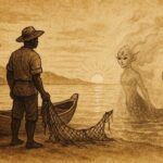Parchment style illustration of Garífuna fisherman and sea spirit near Trujillo, Honduran folktale.