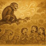 Parchment-style illustration of a monkey releasing laughter, Amazonian folktale scene.