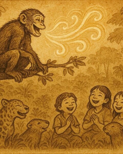 Parchment-style illustration of a monkey releasing laughter, Amazonian folktale scene.