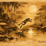 Parchment-style artwork of a frog leaping at moon reflection, Amazonian folktale.
