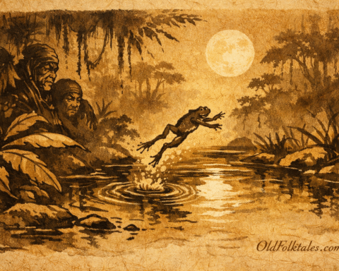 Parchment-style artwork of a frog leaping at moon reflection, Amazonian folktale.