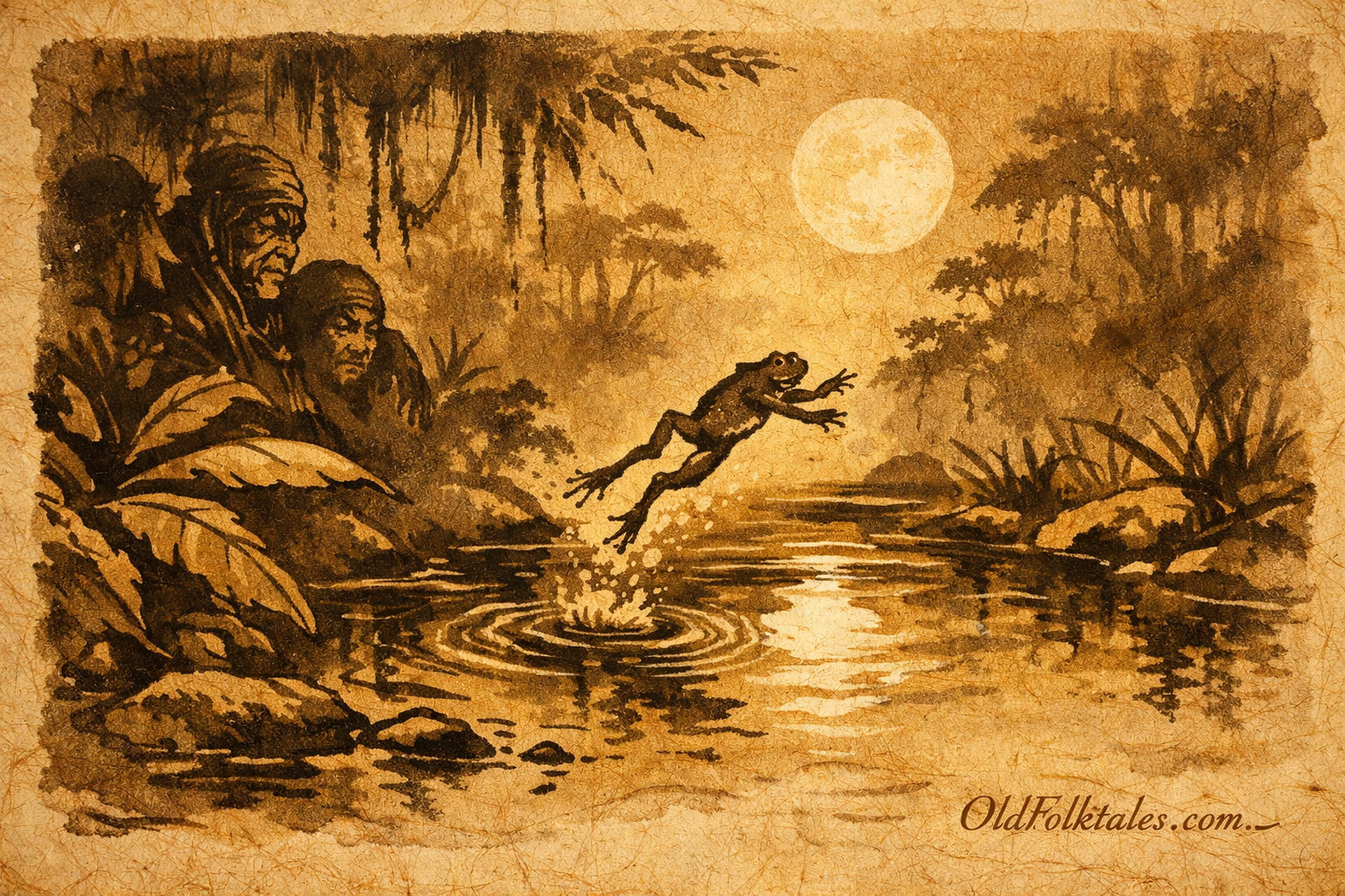 Parchment-style artwork of a frog leaping at moon reflection, Amazonian folktale.