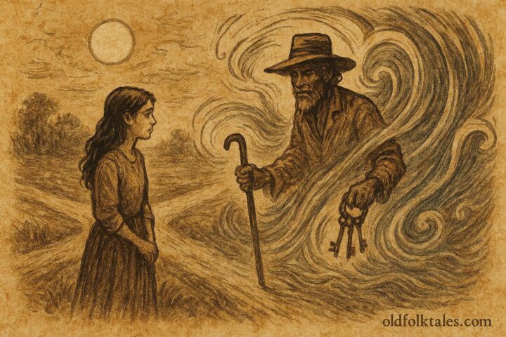 Parchment-style illustration of a girl meeting Papa Legba at a crossroads, Haitian folktale.