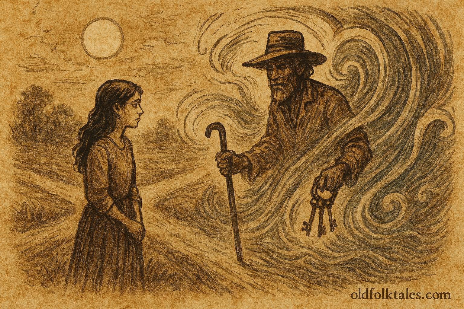 Parchment-style illustration of a girl meeting Papa Legba at a crossroads, Haitian folktale.