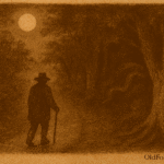 Sepia-toned illustration on aged parchment showing a lone traveler walking along a narrow dirt road at night in rural Paraguay. The traveler wears a wide-brimmed hat and long coat, holding a walking stick, and is seen from behind. Dense forest with tall, shadowy trees borders both sides of the path. Moonlight filters through the canopy, casting deep shadows and illuminating the winding road ahead. The atmosphere is eerie and quiet, with no other characters present. "OldFolktales.com" is inscribed at the bottom right.