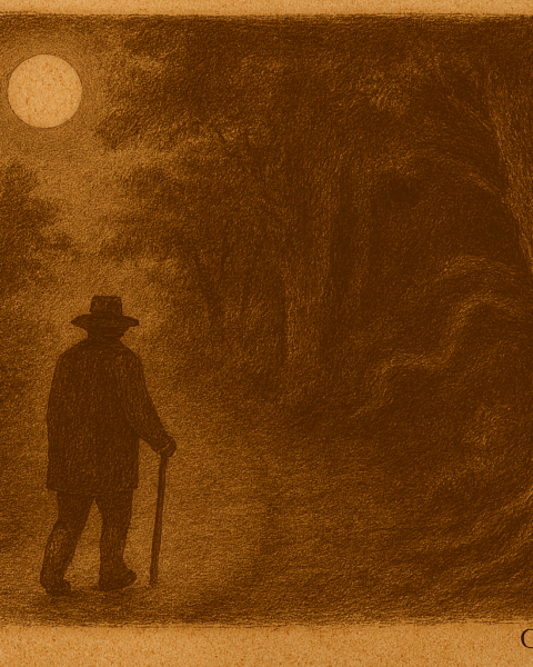 Sepia-toned illustration on aged parchment showing a lone traveler walking along a narrow dirt road at night in rural Paraguay. The traveler wears a wide-brimmed hat and long coat, holding a walking stick, and is seen from behind. Dense forest with tall, shadowy trees borders both sides of the path. Moonlight filters through the canopy, casting deep shadows and illuminating the winding road ahead. The atmosphere is eerie and quiet, with no other characters present. "OldFolktales.com" is inscribed at the bottom right.
