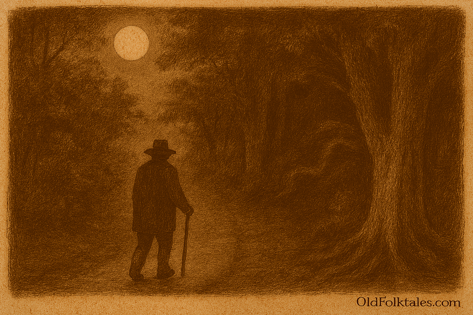Sepia-toned illustration on aged parchment showing a lone traveler walking along a narrow dirt road at night in rural Paraguay. The traveler wears a wide-brimmed hat and long coat, holding a walking stick, and is seen from behind. Dense forest with tall, shadowy trees borders both sides of the path. Moonlight filters through the canopy, casting deep shadows and illuminating the winding road ahead. The atmosphere is eerie and quiet, with no other characters present. "OldFolktales.com" is inscribed at the bottom right.
