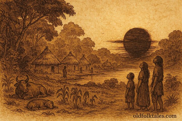 Parchment-style illustration of endless daylight over Amazon village, Brazilian folktale.