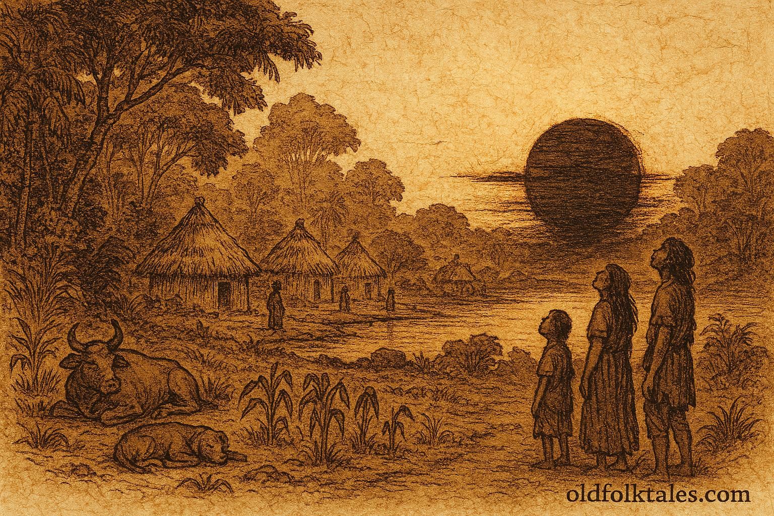 Parchment-style illustration of endless daylight over Amazon village, Brazilian folktale.