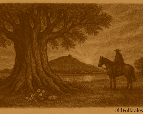 Sepia-toned illustration on aged parchment showing a massive ombú tree rising alone on the Uruguayan pampas at dawn. Its thick, gnarled trunk and wide canopy cast deep shade over the grassy landscape. At its roots lie small offerings of flowers, bread, coins, and ribbons. Nearby, a lone gaucho on horseback pauses in quiet reverence, silhouetted against the warm glow of the rising sun. “OldFolktales.com” is inscribed in the bottom right corner.