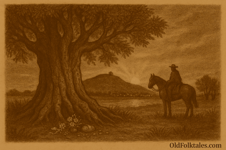 Sepia-toned illustration on aged parchment showing a massive ombú tree rising alone on the Uruguayan pampas at dawn. Its thick, gnarled trunk and wide canopy cast deep shade over the grassy landscape. At its roots lie small offerings of flowers, bread, coins, and ribbons. Nearby, a lone gaucho on horseback pauses in quiet reverence, silhouetted against the warm glow of the rising sun. “OldFolktales.com” is inscribed in the bottom right corner.