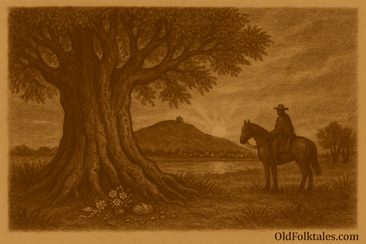 Sepia-toned illustration on aged parchment showing a massive ombú tree rising alone on the Uruguayan pampas at dawn. Its thick, gnarled trunk and wide canopy cast deep shade over the grassy landscape. At its roots lie small offerings of flowers, bread, coins, and ribbons. Nearby, a lone gaucho on horseback pauses in quiet reverence, silhouetted against the warm glow of the rising sun. “OldFolktales.com” is inscribed in the bottom right corner.