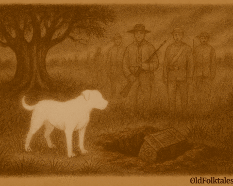 Sepia-toned illustration on aged parchment showing a mist-covered Paraguayan battlefield at dusk. A shallow pit is dug into red earth near a large ceibo tree, with a partially unearthed metal chest inside. Translucent ghost soldiers in 19th-century uniforms stand silently around the site. In the foreground, a glowing headless white dog blocks access to the chest, casting eerie light across the grass. “OldFolktales.com” is inscribed in the bottom right corner.