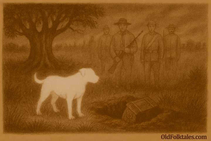 Sepia-toned illustration on aged parchment showing a mist-covered Paraguayan battlefield at dusk. A shallow pit is dug into red earth near a large ceibo tree, with a partially unearthed metal chest inside. Translucent ghost soldiers in 19th-century uniforms stand silently around the site. In the foreground, a glowing headless white dog blocks access to the chest, casting eerie light across the grass. “OldFolktales.com” is inscribed in the bottom right corner.