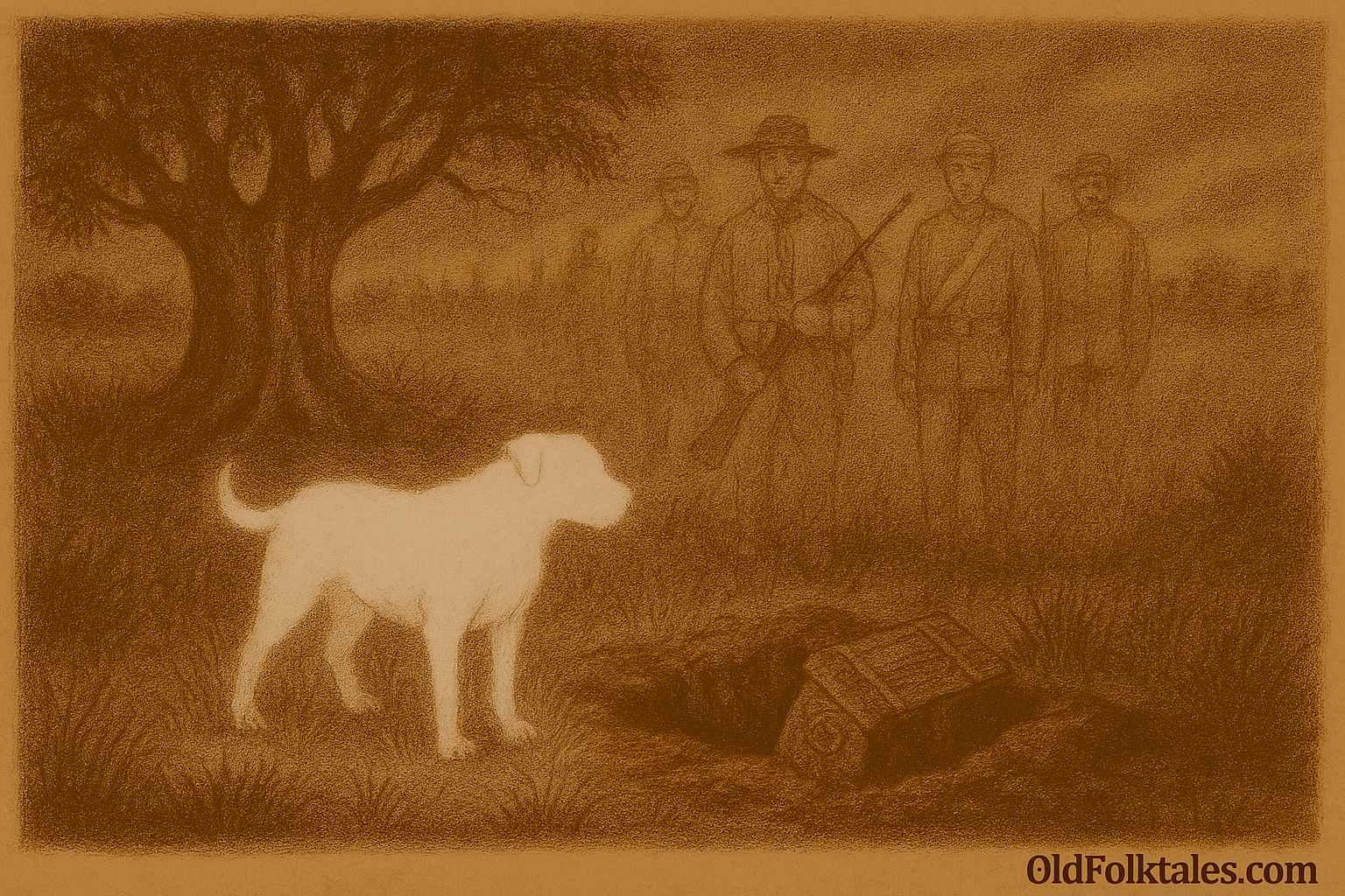 Sepia-toned illustration on aged parchment showing a mist-covered Paraguayan battlefield at dusk. A shallow pit is dug into red earth near a large ceibo tree, with a partially unearthed metal chest inside. Translucent ghost soldiers in 19th-century uniforms stand silently around the site. In the foreground, a glowing headless white dog blocks access to the chest, casting eerie light across the grass. “OldFolktales.com” is inscribed in the bottom right corner.