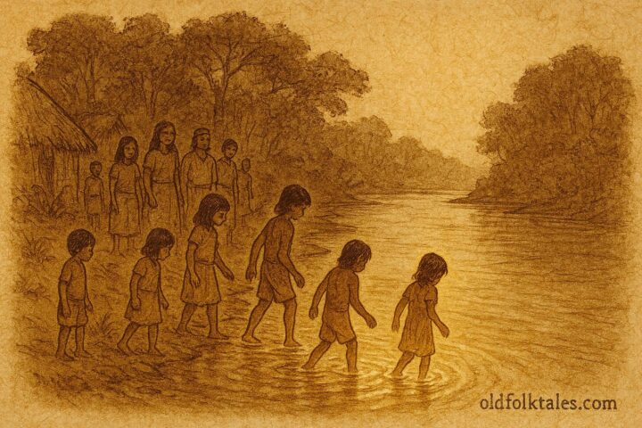 Parchment-style illustration of river children choosing land or water, Amazonian folktale.