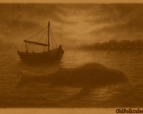 Sepia-toned illustration on aged parchment showing a small wooden fishing boat drifting on the fog-covered waters of the Río de la Plata at dawn. Silvery light glows faintly beneath the surface, revealing a vast shadowy presence moving below the boat. In the distance, blurred shoreline lights shimmer through the mist, evoking mystery, protection, and ancient power. “OldFolktales.com” is inscribed in the bottom right corner.