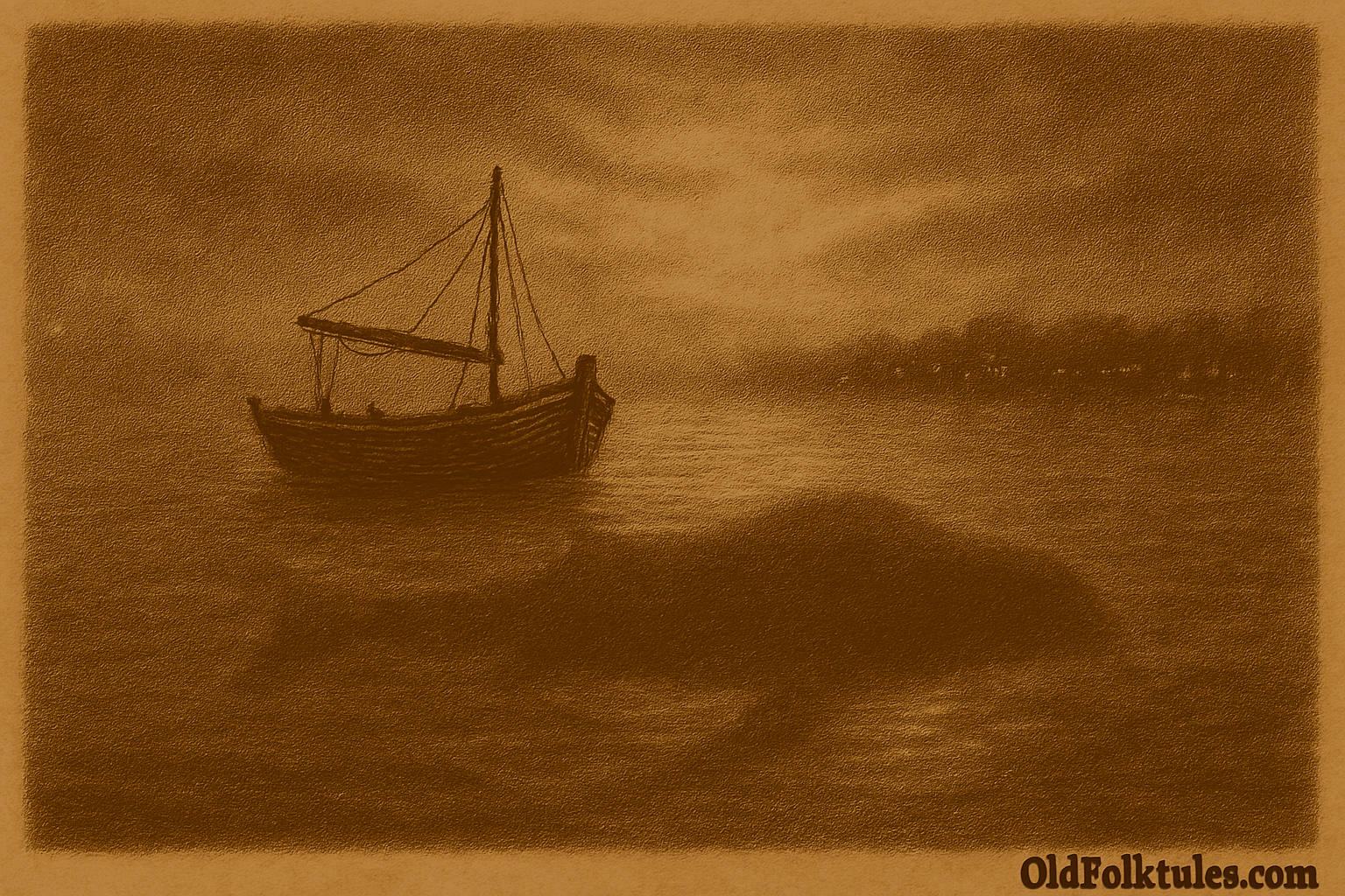 Sepia-toned illustration on aged parchment showing a small wooden fishing boat drifting on the fog-covered waters of the Río de la Plata at dawn. Silvery light glows faintly beneath the surface, revealing a vast shadowy presence moving below the boat. In the distance, blurred shoreline lights shimmer through the mist, evoking mystery, protection, and ancient power. “OldFolktales.com” is inscribed in the bottom right corner.