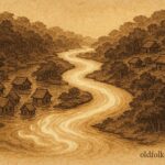 Parchment-style artwork of a living river sparing villages, Amazonian folktale.