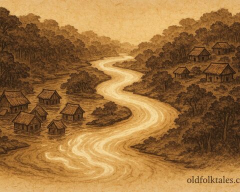 Parchment-style artwork of a living river sparing villages, Amazonian folktale.