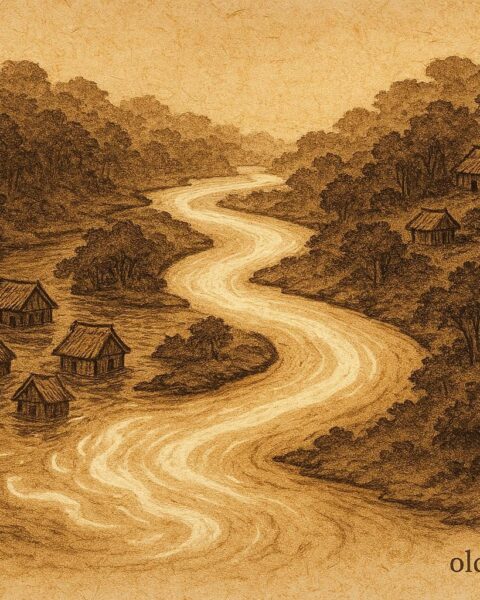 Parchment-style artwork of a living river sparing villages, Amazonian folktale.
