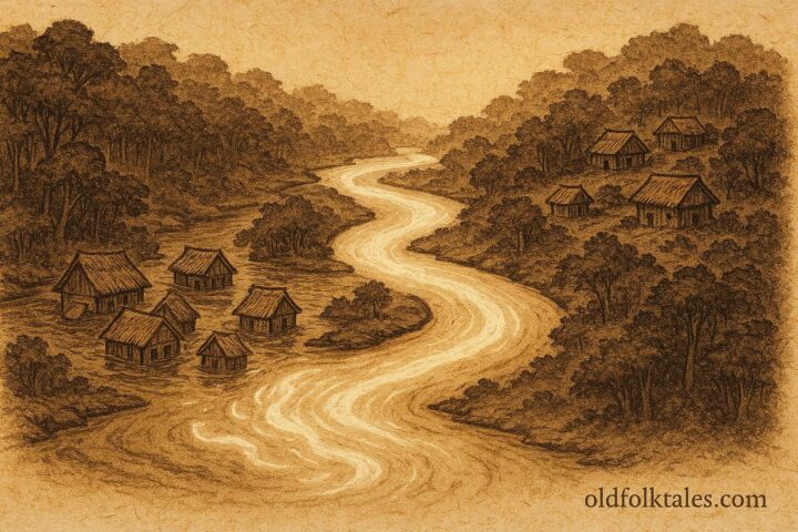 Parchment-style artwork of a living river sparing villages, Amazonian folktale.