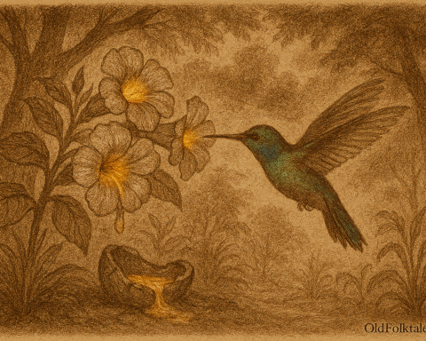Sepia-toned illustration on aged rice parchment showing a tiny hummingbird with iridescent green and blue feathers hovering in front of trumpet-shaped forest flowers in Paraguay. Its wings appear as a soft blur while its beak reaches into a glowing blossom filled with golden nectar. Warm sunlight filters through the surrounding leaves, casting dappled light and creating a peaceful, sacred jungle atmosphere. “OldFolktales.com” is inscribed at the bottom right.