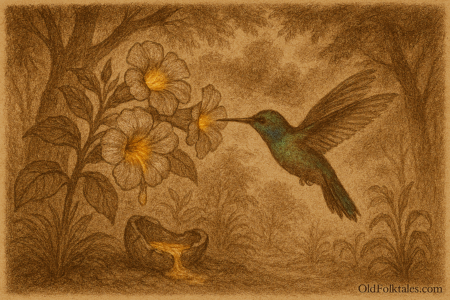 Sepia-toned illustration on aged rice parchment showing a tiny hummingbird with iridescent green and blue feathers hovering in front of trumpet-shaped forest flowers in Paraguay. Its wings appear as a soft blur while its beak reaches into a glowing blossom filled with golden nectar. Warm sunlight filters through the surrounding leaves, casting dappled light and creating a peaceful, sacred jungle atmosphere. “OldFolktales.com” is inscribed at the bottom right.