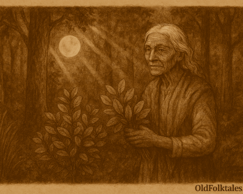 Sepia-toned illustration on aged parchment showing an elderly Paraguayan woman with white hair and deeply lined features standing in a lush forest. She holds harvested yerba mate leaves in her hands as sunlight filters through tall trees, casting dappled light and creating a sacred, watchful atmosphere. “OldFolktales.com” is inscribed in the bottom right corner.