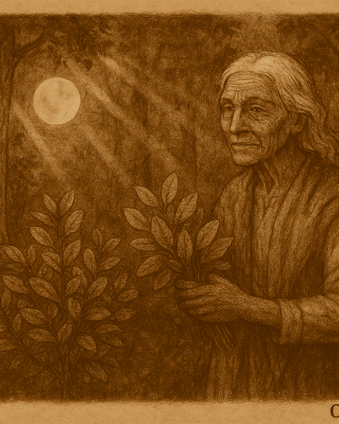 Sepia-toned illustration on aged parchment showing an elderly Paraguayan woman with white hair and deeply lined features standing in a lush forest. She holds harvested yerba mate leaves in her hands as sunlight filters through tall trees, casting dappled light and creating a sacred, watchful atmosphere. “OldFolktales.com” is inscribed in the bottom right corner.